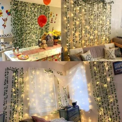 Elegant Wedding Reception Party Artificial Plants LED String Light 2M Creeper Green Leaf Home Wedding Outdoor Ivy Vine Decoration Lamp DIY Hanging Garden Patio Yard (without Battery)