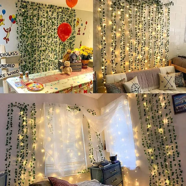 Elegant Wedding Reception Party Artificial Plants LED String Light 2M Creeper Green Leaf Home Wedding Outdoor Ivy Vine Decoration Lamp DIY Hanging Garden Patio Yard (without Battery)