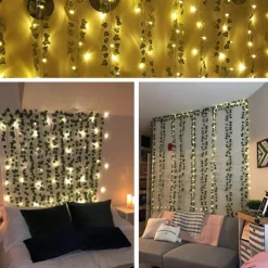 Elegant Wedding Reception Party Artificial Plants LED String Light 2M Creeper Green Leaf Home Wedding Outdoor Ivy Vine Decoration Lamp DIY Hanging Garden Patio Yard (without Battery)