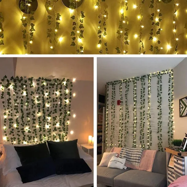 Elegant Wedding Reception Party Artificial Plants LED String Light 2M Creeper Green Leaf Home Wedding Outdoor Ivy Vine Decoration Lamp DIY Hanging Garden Patio Yard (without Battery)