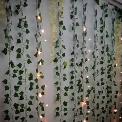 Elegant Wedding Reception Party Artificial Plants LED String Light 2M Creeper Green Leaf Home Wedding Outdoor Ivy Vine Decoration Lamp DIY Hanging Garden Patio Yard (without Battery)