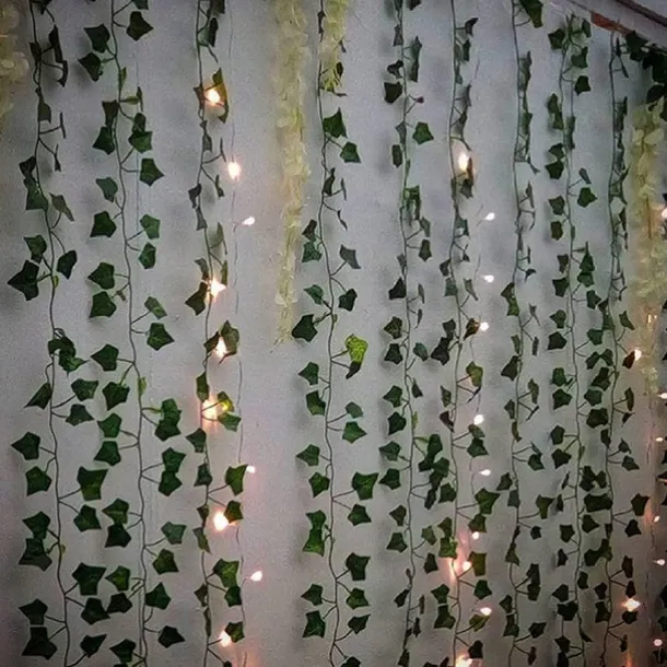 Elegant Wedding Reception Party Artificial Plants LED String Light 2M Creeper Green Leaf Home Wedding Outdoor Ivy Vine Decoration Lamp DIY Hanging Garden Patio Yard (without Battery)