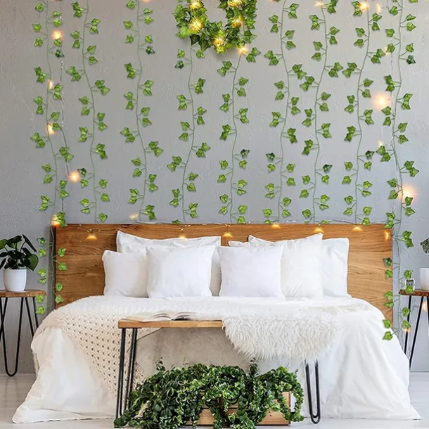 Elegant Wedding Reception Party Artificial Plants LED String Light 2M Creeper Green Leaf Home Wedding Outdoor Ivy Vine Decoration Lamp DIY Hanging Garden Patio Yard (without Battery)