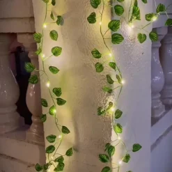 Elegant Wedding Reception Party Artificial Plants LED String Light 2M Creeper Green Leaf Home Wedding Outdoor Ivy Vine Decoration Lamp DIY Hanging Garden Patio Yard (without Battery)