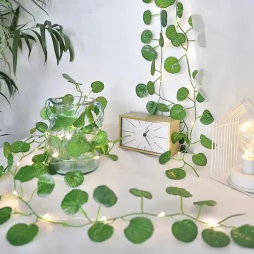 Elegant Wedding Reception Party Artificial Plants LED String Light 2M Creeper Green Leaf Home Wedding Outdoor Ivy Vine Decoration Lamp DIY Hanging Garden Patio Yard (without Battery)