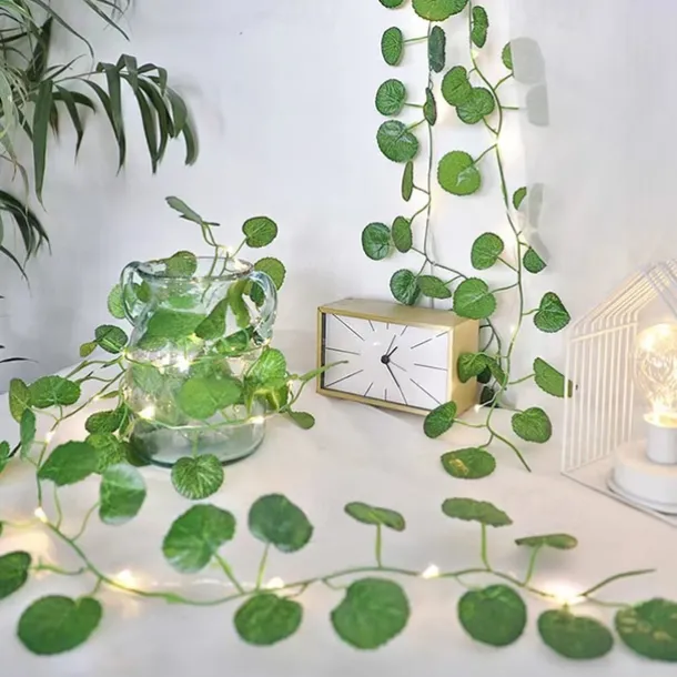 Elegant Wedding Reception Party Artificial Plants LED String Light 2M Creeper Green Leaf Home Wedding Outdoor Ivy Vine Decoration Lamp DIY Hanging Garden Patio Yard (without Battery)