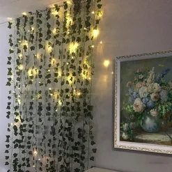 Elegant Wedding Reception Party Artificial Plants LED String Light 2M Creeper Green Leaf Home Wedding Outdoor Ivy Vine Decoration Lamp DIY Hanging Garden Patio Yard (without Battery)