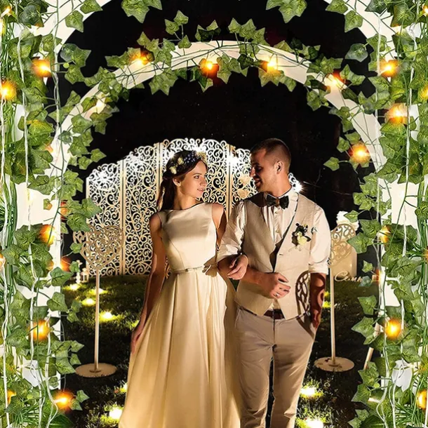 Elegant Wedding Reception Party Artificial Plants LED String Light 2M Creeper Green Leaf Home Wedding Outdoor Ivy Vine Decoration Lamp DIY Hanging Garden Patio Yard (without Battery)