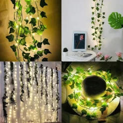 Elegant Wedding Reception Party Artificial Plants LED String Light 2M Creeper Green Leaf Home Wedding Outdoor Ivy Vine Decoration Lamp DIY Hanging Garden Patio Yard (without Battery)