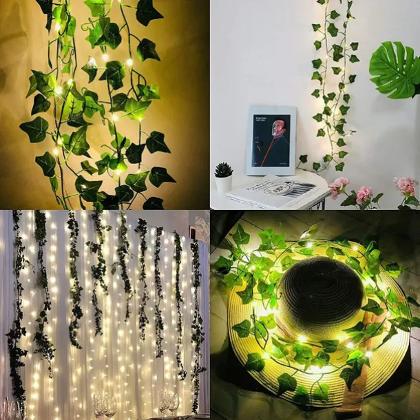 Elegant Wedding Reception Party Artificial Plants LED String Light 2M Creeper Green Leaf Home Wedding Outdoor Ivy Vine Decoration Lamp DIY Hanging Garden Patio Yard (without Battery)