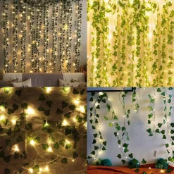 Elegant Wedding Reception Party Artificial Plants LED String Light 2M Creeper Green Leaf Home Wedding Outdoor Ivy Vine Decoration Lamp DIY Hanging Garden Patio Yard (without Battery)