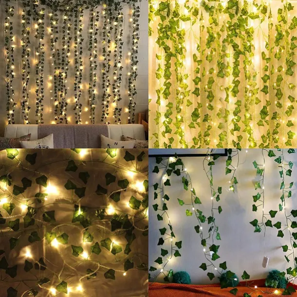 Elegant Wedding Reception Party Artificial Plants LED String Light 2M Creeper Green Leaf Home Wedding Outdoor Ivy Vine Decoration Lamp DIY Hanging Garden Patio Yard (without Battery)