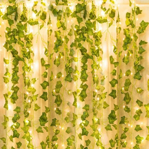 Elegant Wedding Reception Party Artificial Plants LED String Light 2M Creeper Green Leaf Home Wedding Outdoor Ivy Vine Decoration Lamp DIY Hanging Garden Patio Yard (without Battery)