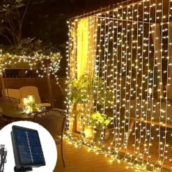 Elegant Wedding Reception Party Outdoor Solar LED String Lights, USB Charging Curtain Fairy Lights 3*3m, Christmas Icicle String Lights Waterfall Lamp Wedding Room Garland Garden Outdoor Decor