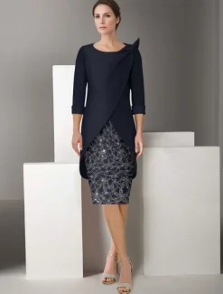 Embroidered Two Piece Sheath Jacket Dress Suit Mother of the Bride Dress Satin Lace Elegant Vintage Sparkle & Shine V Neck Knee Length Glitter with Appliques Race Day Dress