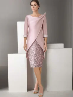 Embroidered Two Piece Sheath Jacket Dress Suit Mother of the Bride Dress Satin Lace Elegant Vintage Sparkle & Shine V Neck Knee Length Glitter with Appliques Race Day Dress