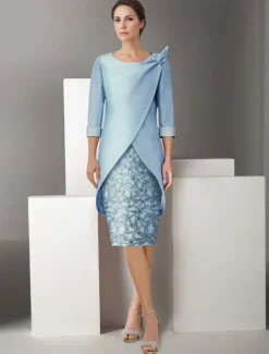 Embroidered Two Piece Sheath Jacket Dress Suit Mother of the Bride Dress Satin Lace Elegant Vintage Sparkle & Shine V Neck Knee Length Glitter with Appliques Race Day Dress