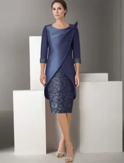 Embroidered Two Piece Sheath Jacket Dress Suit Mother of the Bride Dress Satin Lace Elegant Vintage Sparkle & Shine V Neck Knee Length Glitter with Appliques Race Day Dress