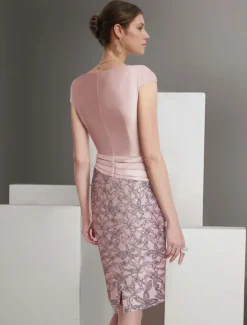 Embroidered Two Piece Sheath Jacket Dress Suit Mother of the Bride Dress Satin Lace Elegant Vintage Sparkle & Shine V Neck Knee Length Glitter with Appliques Race Day Dress