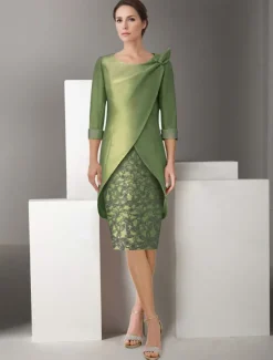 Embroidered Two Piece Sheath Jacket Dress Suit Mother of the Bride Dress Satin Lace Elegant Vintage Sparkle & Shine V Neck Knee Length Glitter with Appliques Race Day Dress