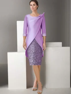 Embroidered Two Piece Sheath Jacket Dress Suit Mother of the Bride Dress Satin Lace Elegant Vintage Sparkle & Shine V Neck Knee Length Glitter with Appliques Race Day Dress