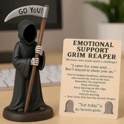 Emotional Support Grim Reaper Figurine, STAtue of The Grim REAper Holding Coffee,Resin GRIM Reapers S-tatue Holding Coffee,Ironic Gothic Black Robe Mysterious Statue Desktop Decoration