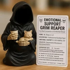 Emotional Support Grim Reaper Figurine, STAtue of The Grim REAper Holding Coffee,Resin GRIM Reapers S-tatue Holding Coffee,Ironic Gothic Black Robe Mysterious Statue Desktop Decoration