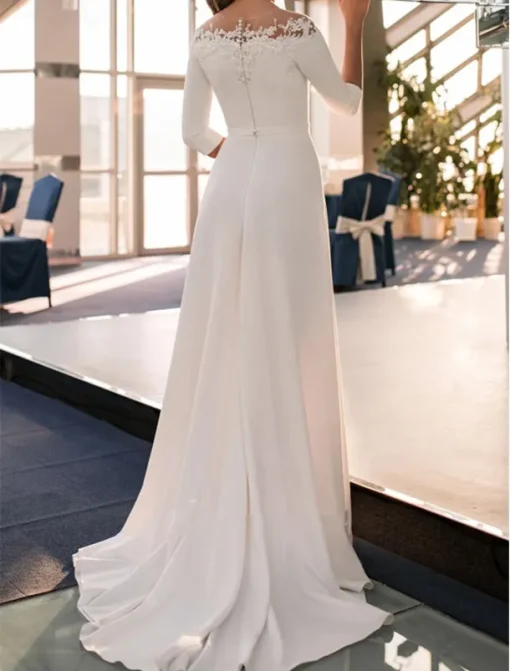 Engagement Formal Wedding Dresses A-Line Off Shoulder 3/4 Length Sleeve Sweep / Brush Train Lace Bridal Gowns With Appliques Solid Color
