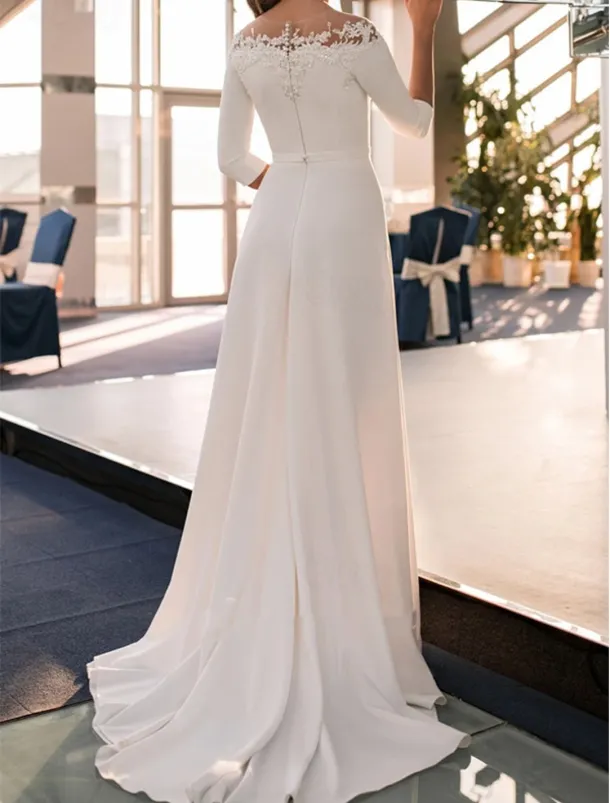 Engagement Formal Wedding Dresses A-Line Off Shoulder 3/4 Length Sleeve Sweep / Brush Train Lace Bridal Gowns With Appliques Solid Color