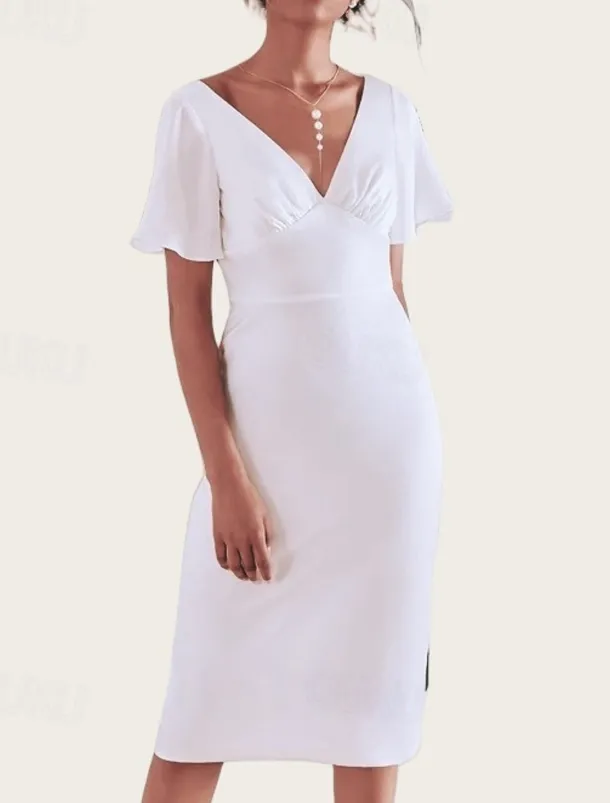 Engagement Little Graduation White Dresses Wedding Dresses Sheath / Column V Neck Short Sleeve Tea Length Chiffon Bridal Gowns With Ruched Solid Color