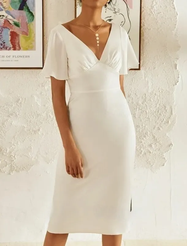 Engagement Little Graduation White Dresses Wedding Dresses Sheath / Column V Neck Short Sleeve Tea Length Chiffon Bridal Gowns With Ruched Solid Color