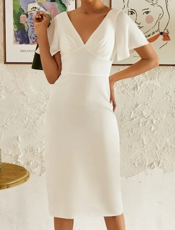 Engagement Little Graduation White Dresses Wedding Dresses Sheath / Column V Neck Short Sleeve Tea Length Chiffon Bridal Gowns With Ruched Solid Color