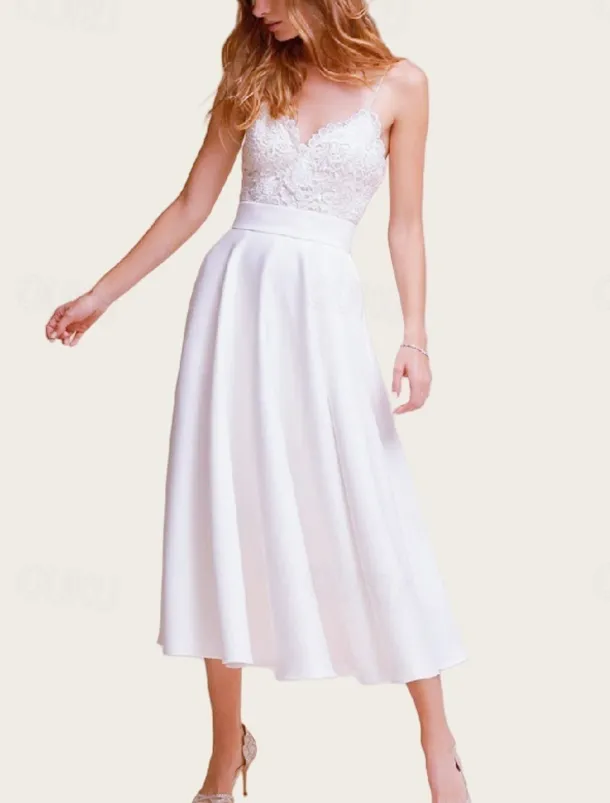 Engagement Little Graduation White Dresses Wedding Dresses A-Line V Neck Spaghetti Strap Sleeveless Ankle Length Chiffon Bridal Gowns With Sash / Ribbon