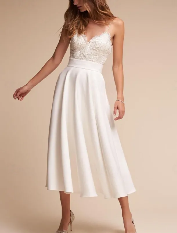 Engagement Little Graduation White Dresses Wedding Dresses A-Line V Neck Spaghetti Strap Sleeveless Ankle Length Chiffon Bridal Gowns With Sash / Ribbon