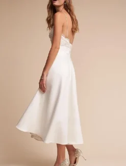 Engagement Little Graduation White Dresses Wedding Dresses A-Line V Neck Spaghetti Strap Sleeveless Ankle Length Chiffon Bridal Gowns With Sash / Ribbon