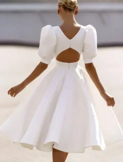 Engagement Little White Dresses Wedding Dresses A-Line Boat Neck Short Sleeve Tea Length Satin Bridal Gowns With Sash / Ribbon