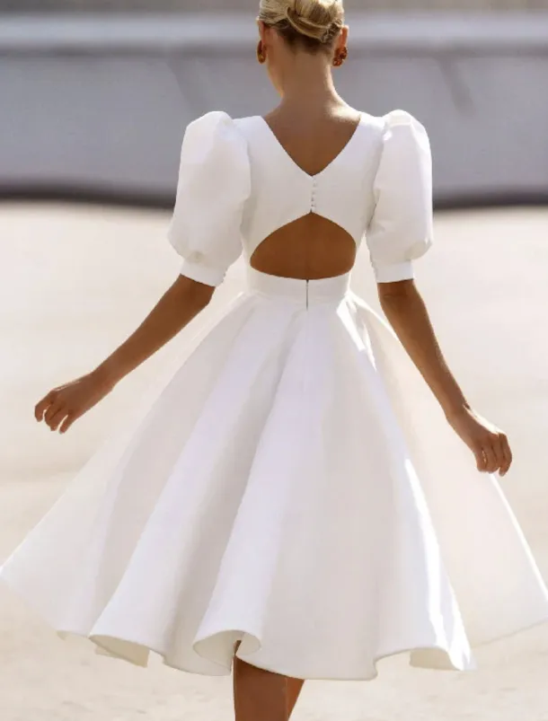 Engagement Little White Dresses Wedding Dresses A-Line Boat Neck Short Sleeve Tea Length Satin Bridal Gowns With Sash / Ribbon