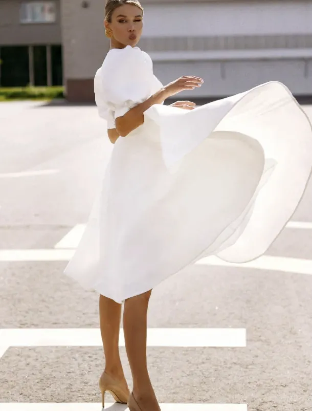 Engagement Little White Dresses Wedding Dresses A-Line Boat Neck Short Sleeve Tea Length Satin Bridal Gowns With Sash / Ribbon