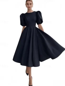 Engagement Little White Dresses Wedding Dresses A-Line Boat Neck Short Sleeve Tea Length Satin Bridal Gowns With Sash / Ribbon