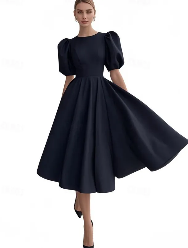 Engagement Little White Dresses Wedding Dresses A-Line Boat Neck Short Sleeve Tea Length Satin Bridal Gowns With Sash / Ribbon