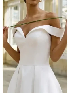 Engagement Little White Dress Bridal Shower Dresses Wedding Dresses A-Line Off Shoulder Short Sleeve Ankle Length Satin Bridal Gowns With Pleats