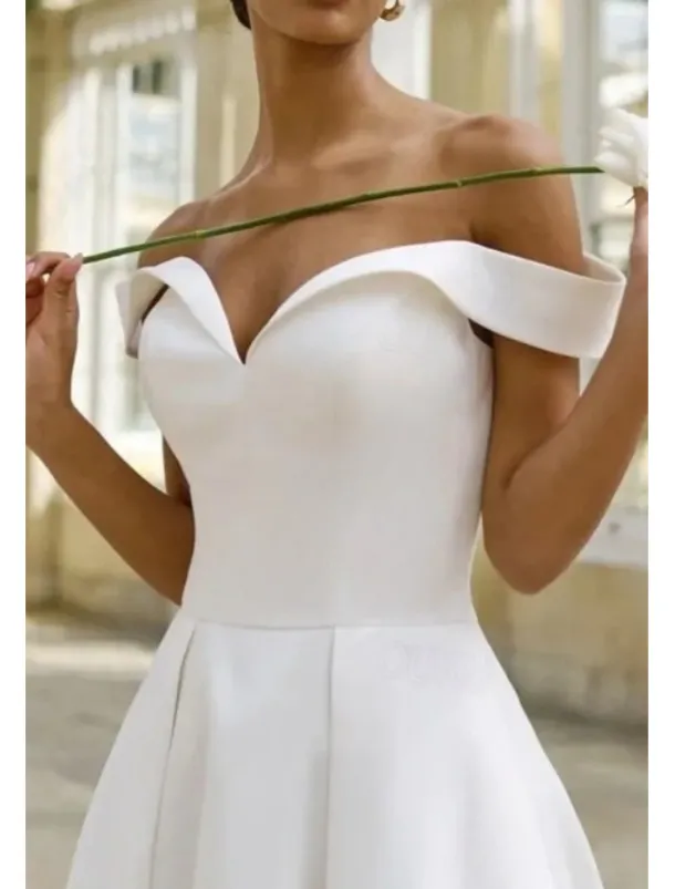 Engagement Little White Dress Bridal Shower Dresses Wedding Dresses A-Line Off Shoulder Short Sleeve Ankle Length Satin Bridal Gowns With Pleats