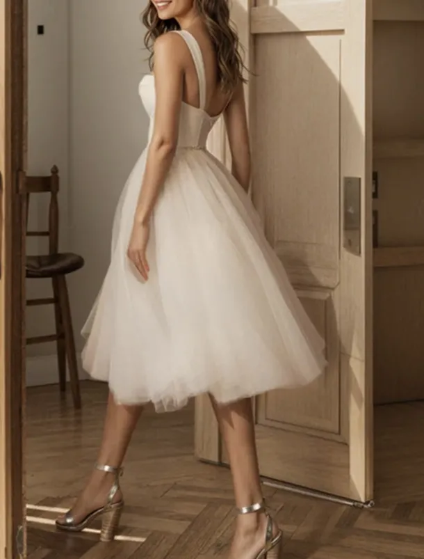 Engagement Little White Dresses Wedding Dresses A-Line Sweetheart Sleeveless Knee Length Satin Bridal Gowns With Sash / Ribbon Pleats