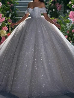 Engagement Sparkle & Shine Formal Wedding Dresses Ball Gown Off Shoulder Cap Sleeve Chapel Train Sequined Bridal Gowns With Solid Color