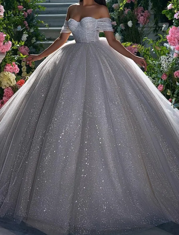 Engagement Sparkle & Shine Formal Wedding Dresses Ball Gown Off Shoulder Cap Sleeve Chapel Train Sequined Bridal Gowns With Solid Color