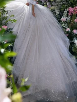 Engagement Sparkle & Shine Formal Wedding Dresses Ball Gown Off Shoulder Cap Sleeve Chapel Train Sequined Bridal Gowns With Solid Color