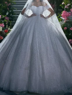 Engagement Sparkle & Shine Formal Wedding Dresses Ball Gown Off Shoulder Cap Sleeve Chapel Train Sequined Bridal Gowns With Solid Color