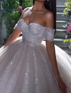 Engagement Sparkle & Shine Formal Wedding Dresses Ball Gown Off Shoulder Cap Sleeve Chapel Train Sequined Bridal Gowns With Solid Color