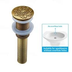 Engraved Antique Brass Pop Up Bathroom Sink Drain Strainer Stopper no Overflow Hole Kitchen Basin Sink Bottle Trap Drainer