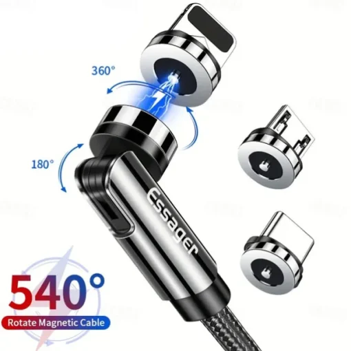 Essager Magnetic Charging Cable 540 Rotating Magnetic Phone Charger Nylon Braided Magnetic USB Cable For Phone Samsung Xiaomi Fast Charger Cord Phone Data Wire 3 In1